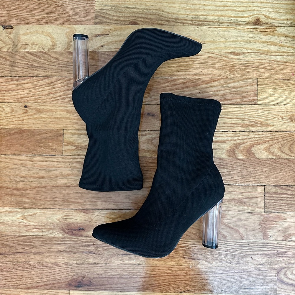 Black and Silver Heeled Boots with Transparent Heels